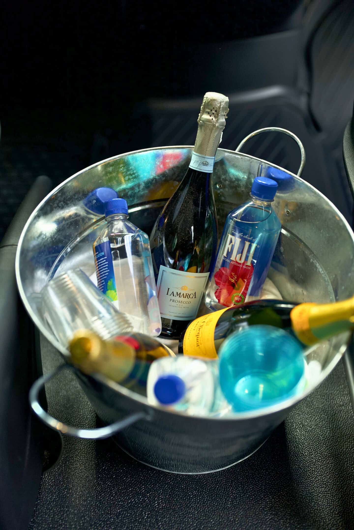Chilled refreshments inside a Lenox limousine